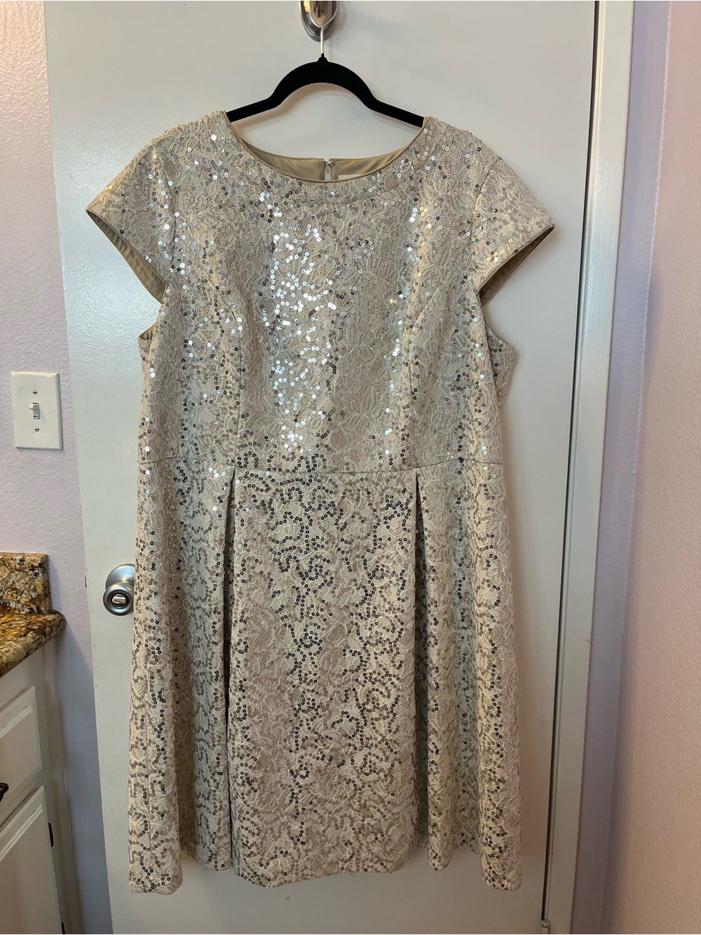 Calvin Klein Party Dress Cream Color Silver Sequin cap sleeves Knee Length
